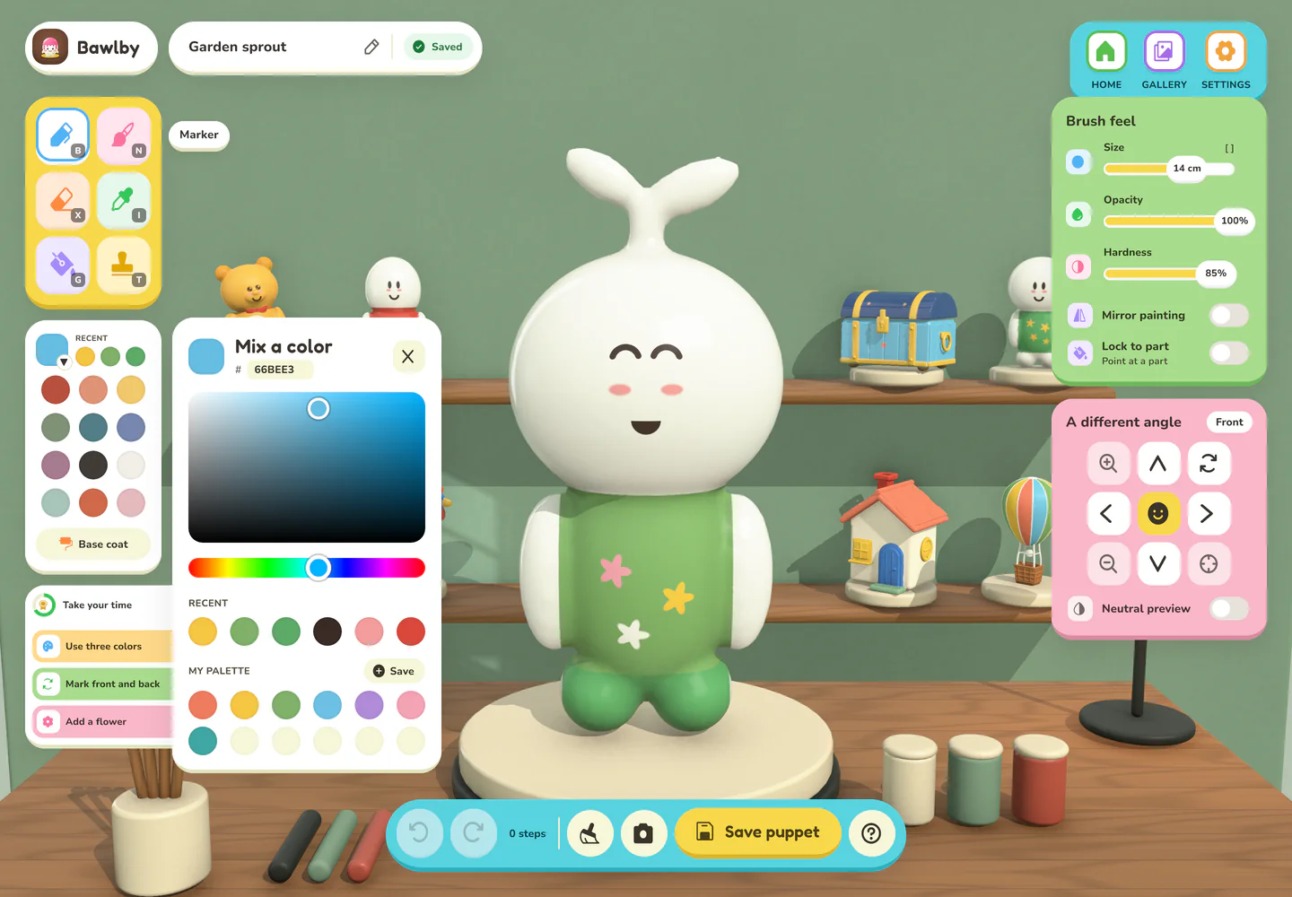 The color picker with a color field, a hue strip, recent colors and a saved palette.