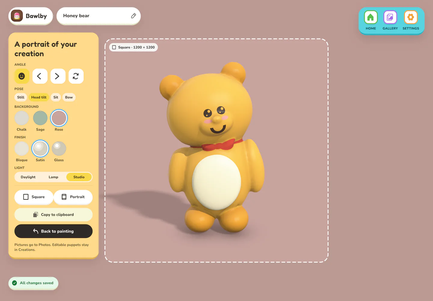 Photo mode, with angle buttons, backdrop colors and export buttons beside the puppet.